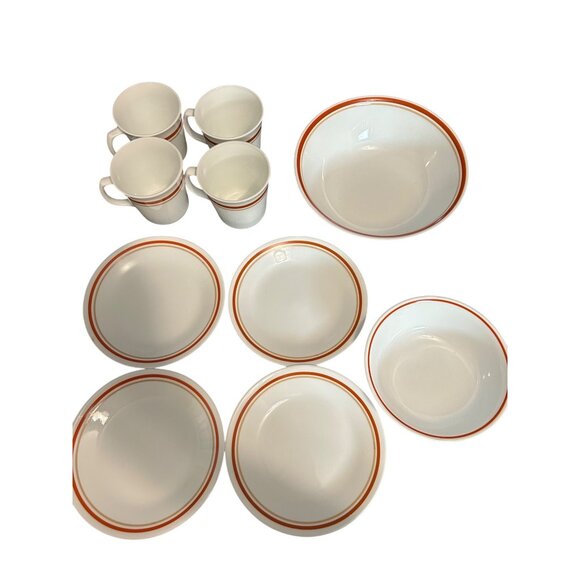 Vintage Corelle Orange Trim Ceramic Dinnerware Set 10 Piece Plates Bowls & Mugs - Picture 1 of 7